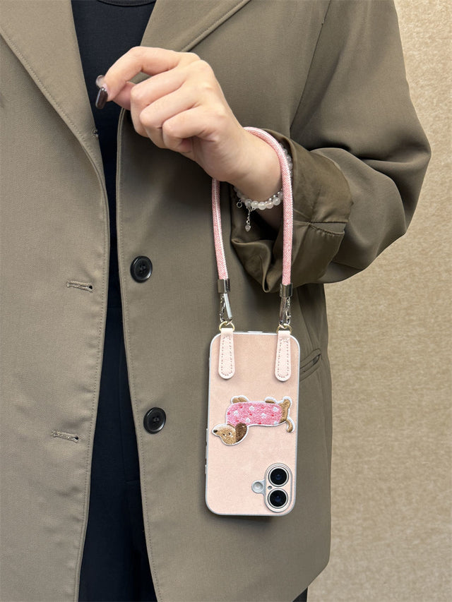 Cute Pink Dog Denim Phone Case with Crossbody Lanyard