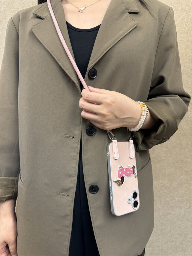 Cute Pink Dog Denim Phone Case with Crossbody Lanyard