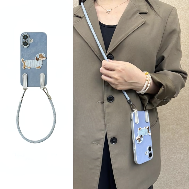 Blue Denim Dog Phone Case with Crossbody Lanyard