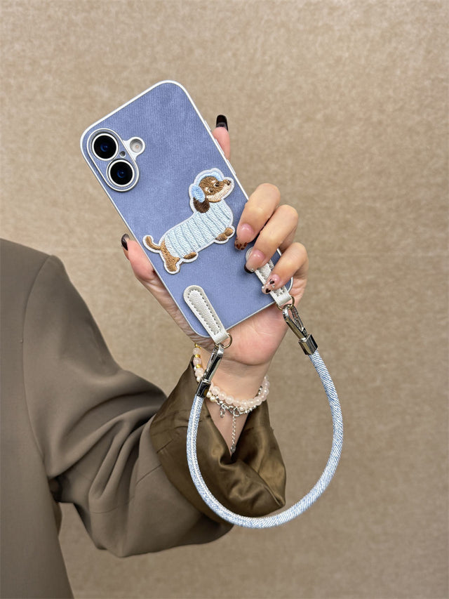 Blue Denim Dog Phone Case with Crossbody Lanyard