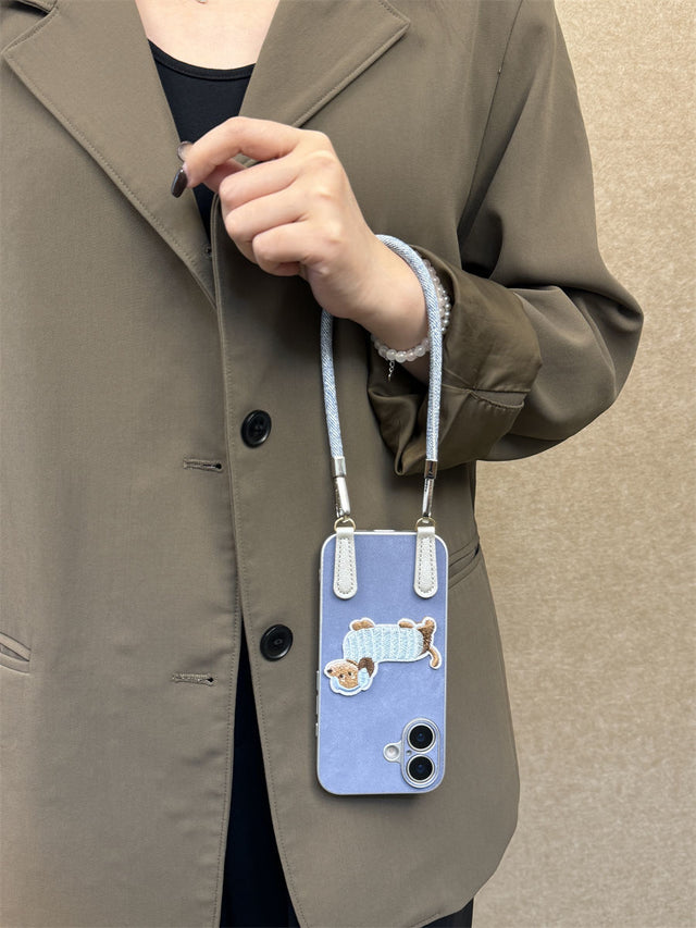 Blue Denim Dog Phone Case with Crossbody Lanyard