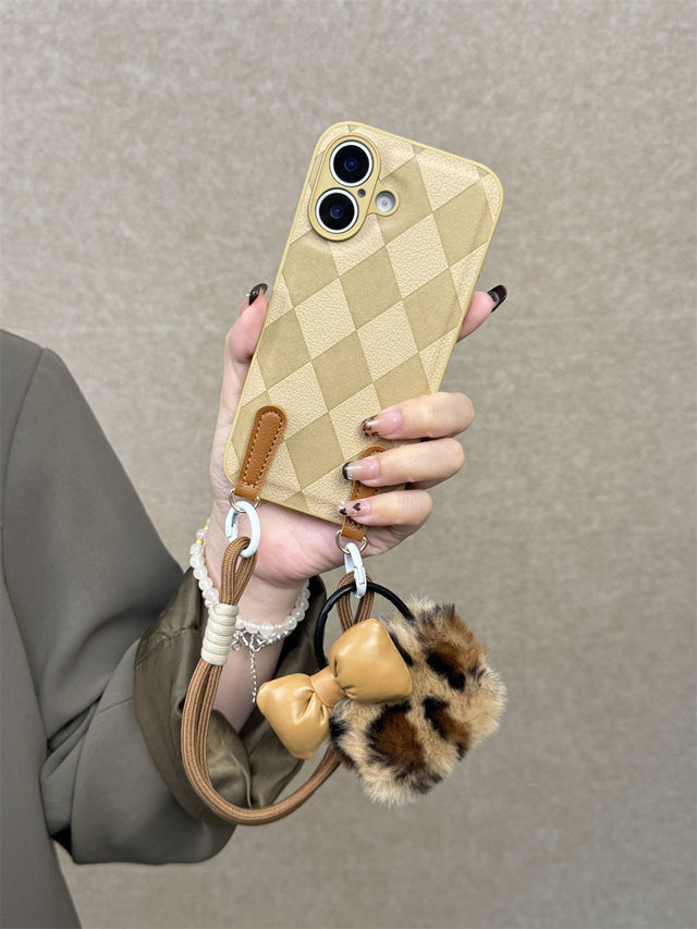 Khaki Diamond Leather Phone Case with Dual Lanyard and Leopard Plush Charm