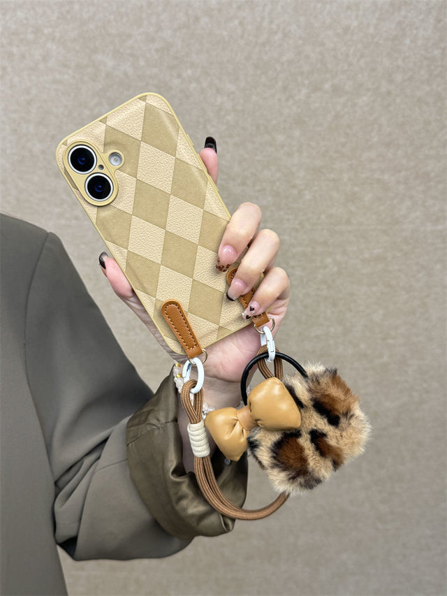 Khaki Diamond Leather Phone Case with Dual Lanyard and Leopard Plush Charm