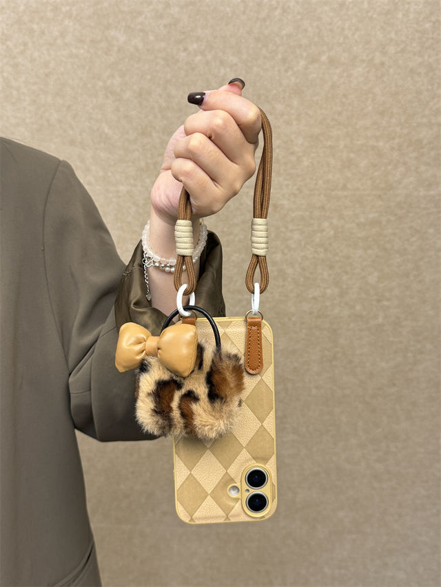 Khaki Diamond Leather Phone Case with Dual Lanyard and Leopard Plush Charm