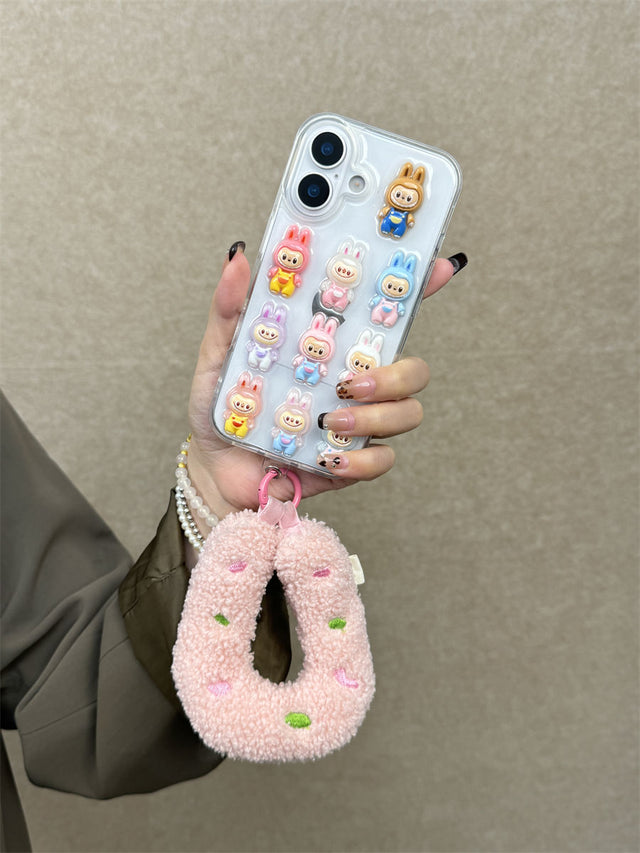 Clear 3D Cartoon Character Phone Case with Pink Plush U-Shaped Wristband