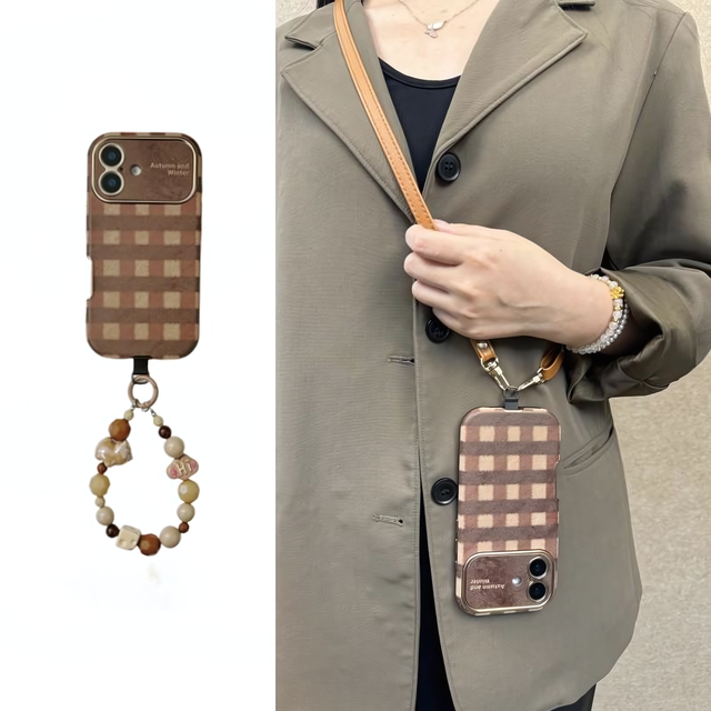 Classic Plaid Winter Phone Case with Beaded Bracelet and Leather Crossbody Strap