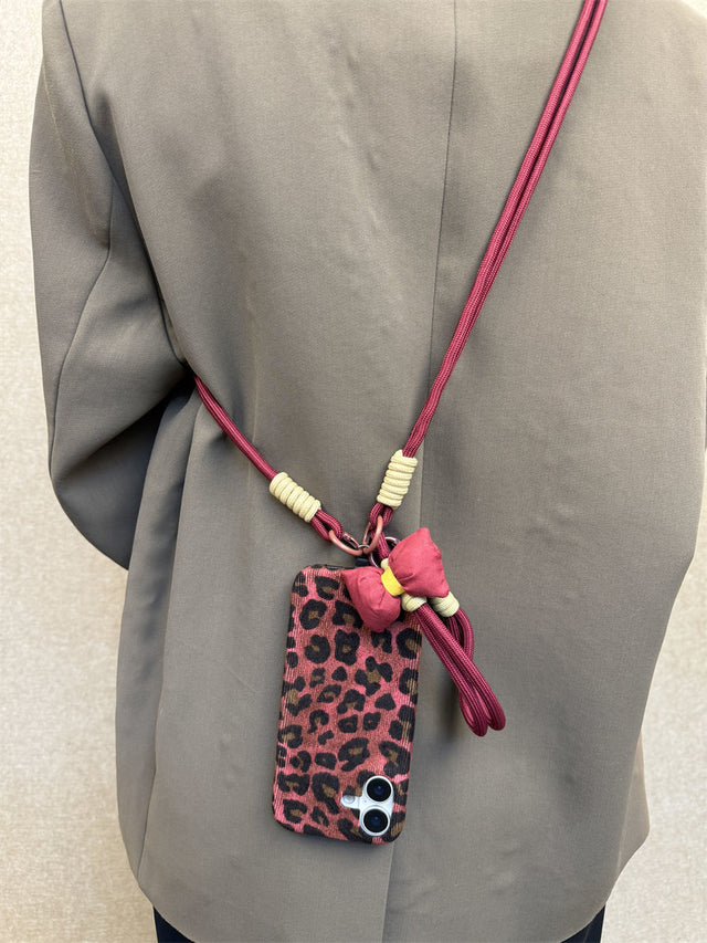 Burgundy Leopard Velvet Phone Case with Bow Accent and Crossbody Lanyard