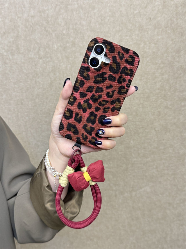 Burgundy Leopard Velvet Phone Case with Bow Accent and Crossbody Lanyard