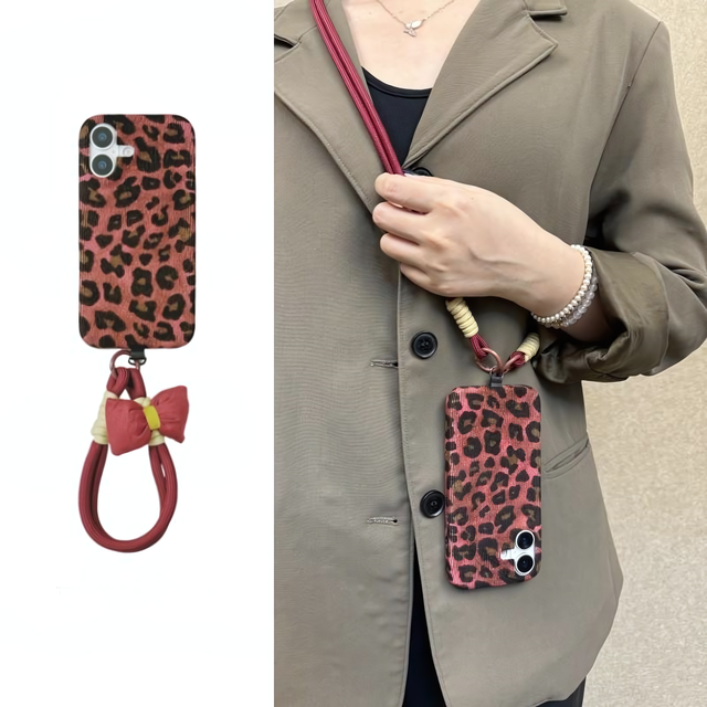 Burgundy Leopard Velvet Phone Case with Bow Accent and Crossbody Lanyard