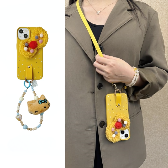 Cute Yellow Phone Case with Fluffy Bow and Cat Pouch Charm Playful