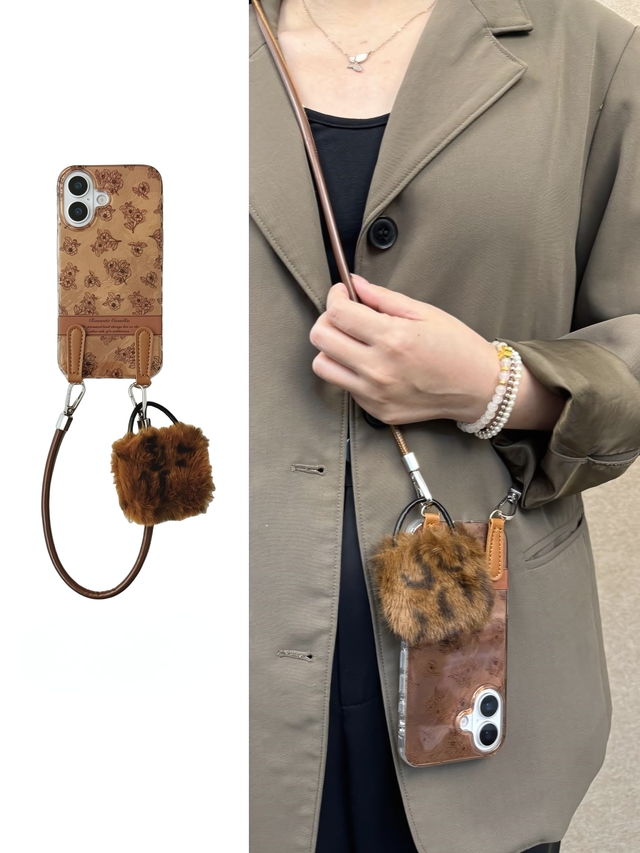 Vintage Caramel Floral Phone Case with Plush Pouch and Leather Crossbody Strap