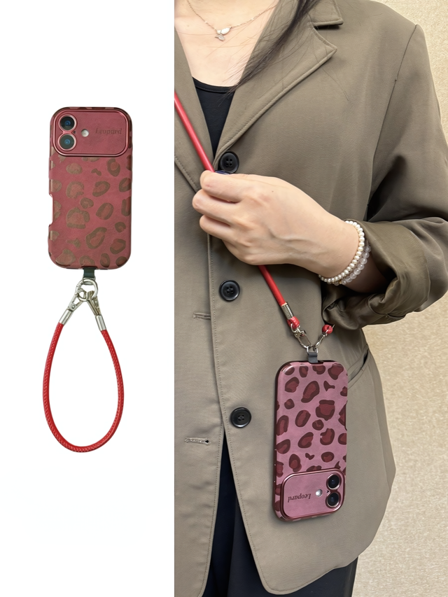 Vintage Raspberry Leopard Phone Case with Red Wrist Strap – Bold and Stylish