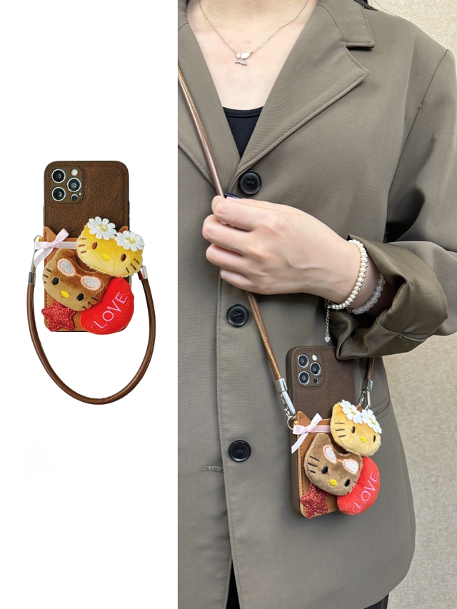 Cute Kitty Plush Phone Case with Heart Card Holder and Leather Wrist Strap