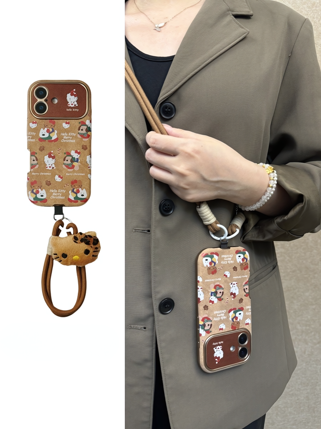 Christmas Puppy and Kitty Phone Case with Leopard Bow and Double Wrist Strap