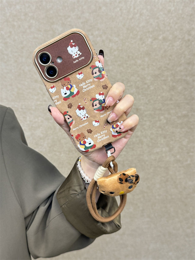 Christmas Puppy and Kitty Phone Case with Leopard Bow and Double Wrist Strap