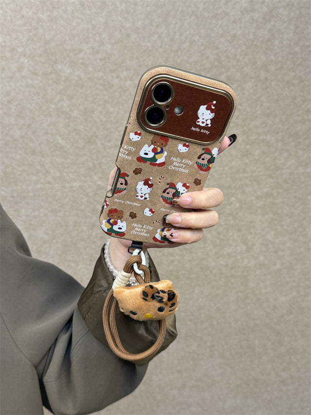 Christmas Puppy and Kitty Phone Case with Leopard Bow and Double Wrist Strap