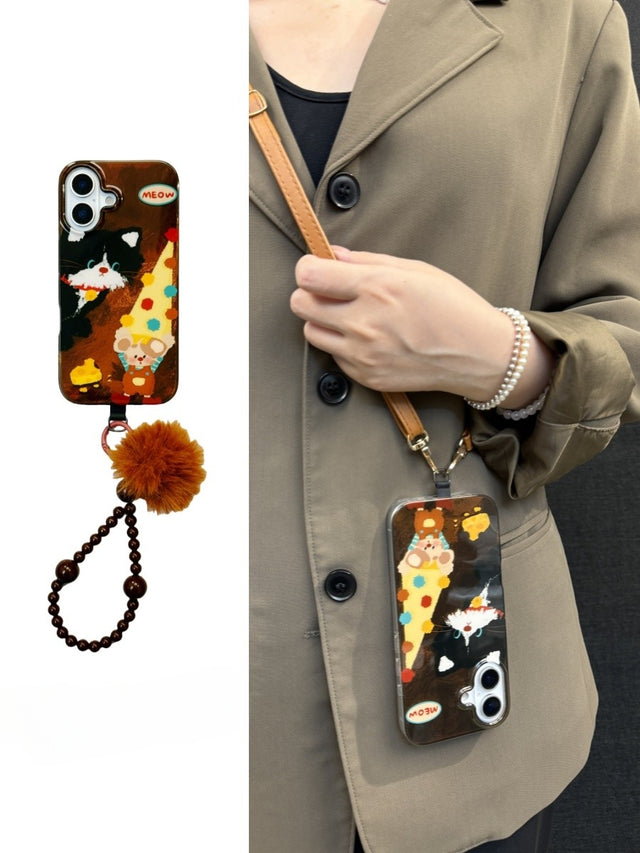 Graffiti Cat and Mouse Foil Texture Phone Case with Pom-Pom and Bead Bracelet