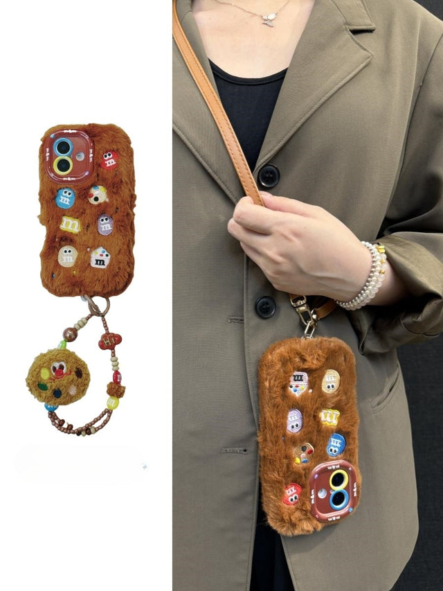 Plush M&M Cookie Phone Case with Beaded Bracelet and Leather Crossbody Strap