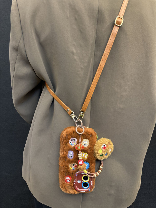 Plush M&M Cookie Phone Case with Beaded Bracelet and Leather Crossbody Strap