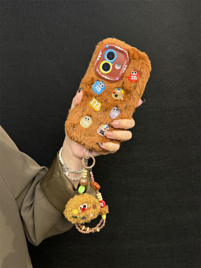 Plush M&M Cookie Phone Case with Beaded Bracelet and Leather Crossbody Strap