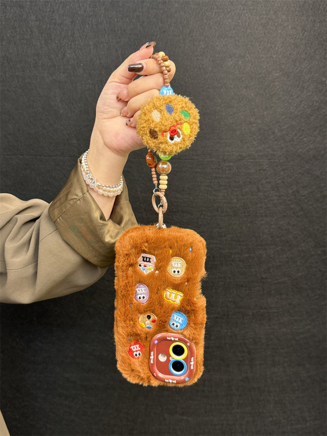 Plush M&M Cookie Phone Case with Beaded Bracelet and Leather Crossbody Strap