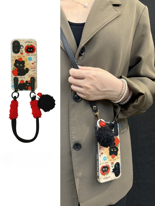 Cute Graffiti Cat Phone Case with Red Pom-Pom Double Strap Leather Crossbody