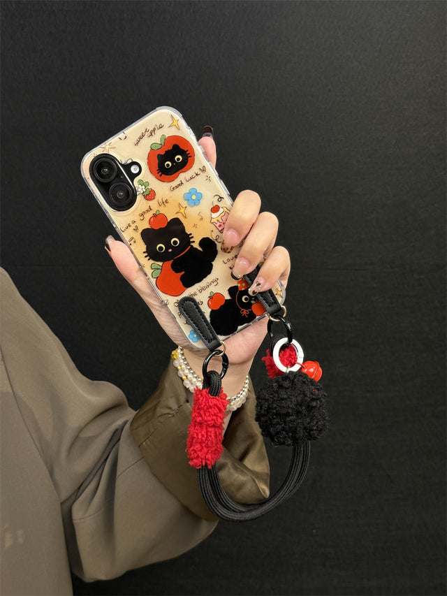 Cute Graffiti Cat Phone Case with Red Pom-Pom Double Strap Leather Crossbody