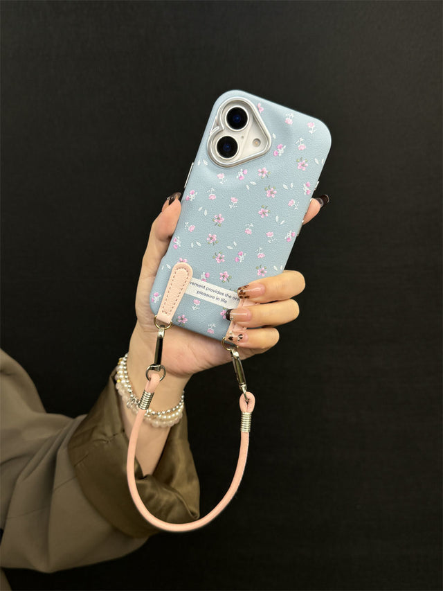 Fresh Blue Floral Phone Case with Pink Leather Crossbody Strap