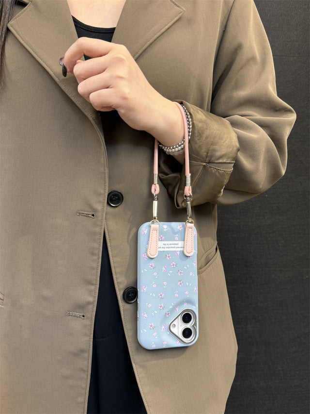 Fresh Blue Floral Phone Case with Pink Leather Crossbody Strap