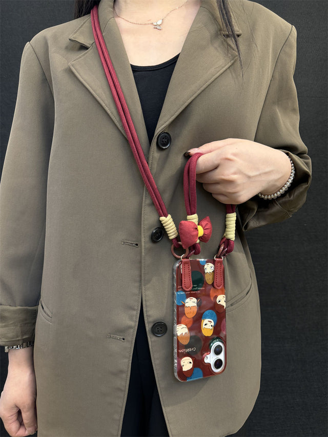 Japanese-Style Colorful Dot Phone Case with Red Hand Strap