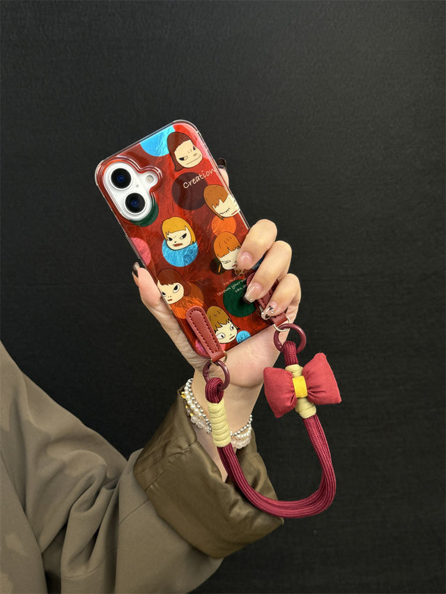 Japanese-Style Colorful Dot Phone Case with Red Hand Strap