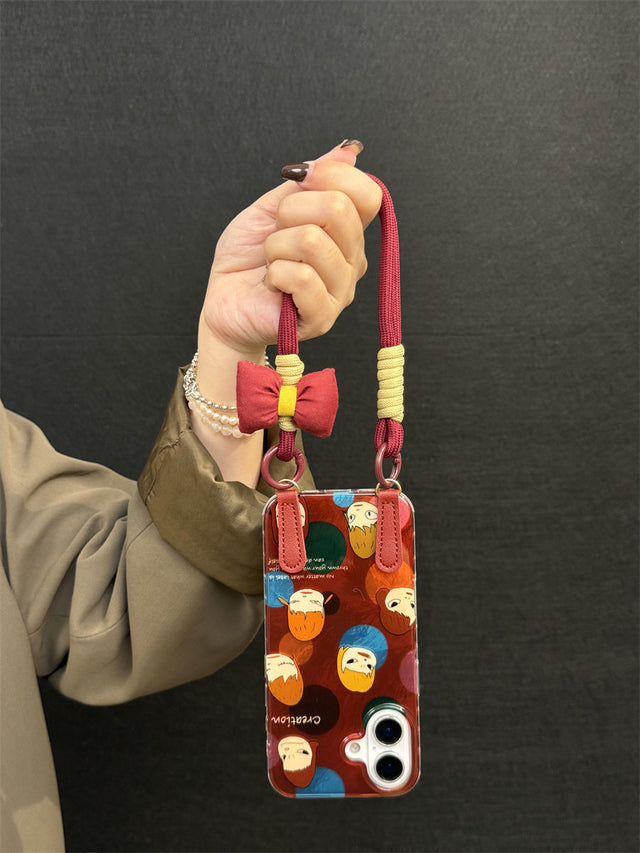 Japanese-Style Colorful Dot Phone Case with Red Hand Strap