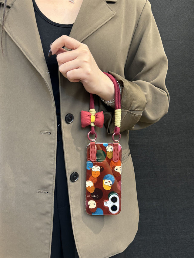 Japanese-Style Colorful Dot Phone Case with Red Hand Strap