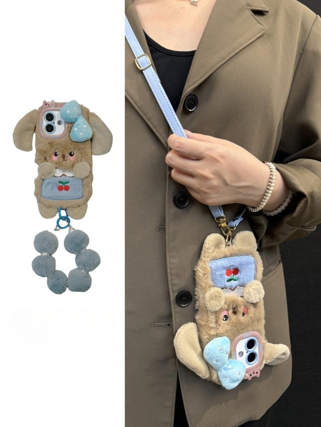 Plush Puppy Phone Case with Bow, Cherry Detail, and Blue Pom-Pom Bracelet