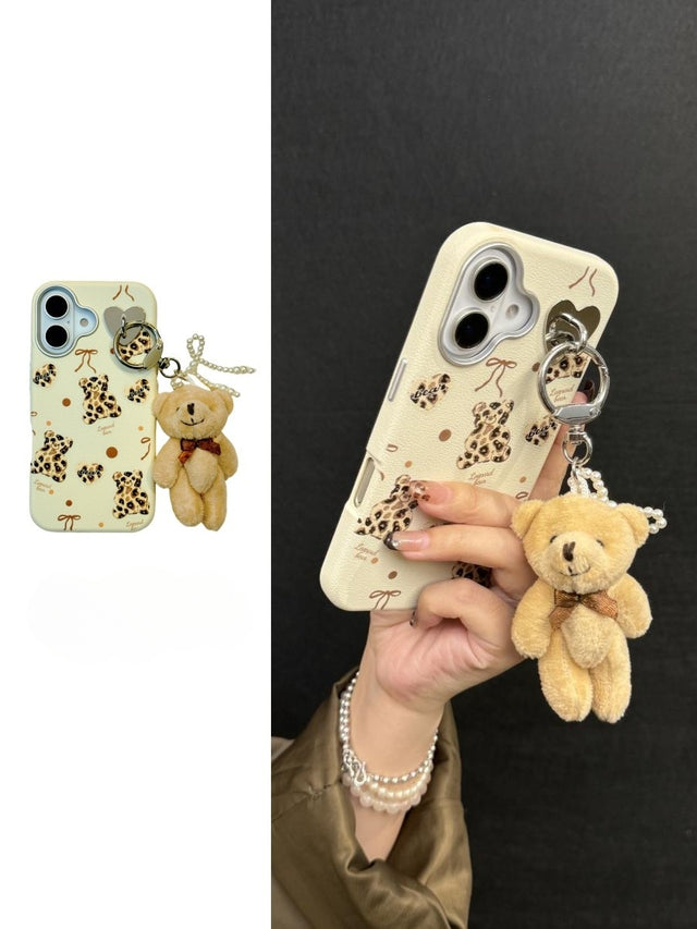 Cream Teddy Bear Phone Case with Leopard Print and Heart Charm