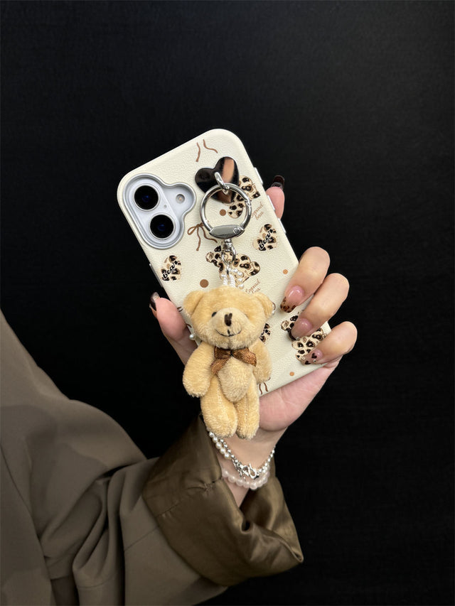 Cream Teddy Bear Phone Case with Leopard Print and Heart Charm