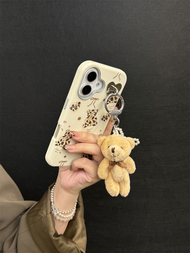 Cream Teddy Bear Phone Case with Leopard Print and Heart Charm