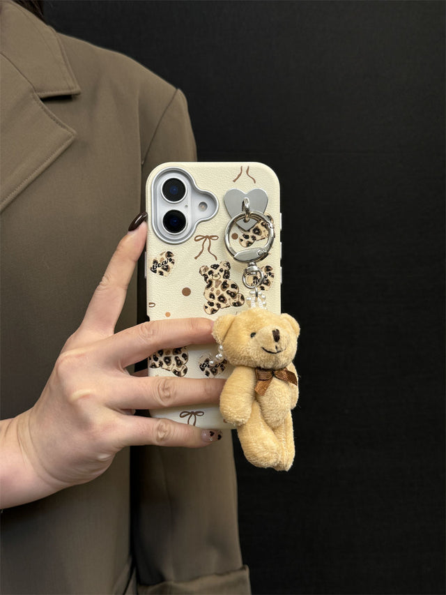 Cream Teddy Bear Phone Case with Leopard Print and Heart Charm