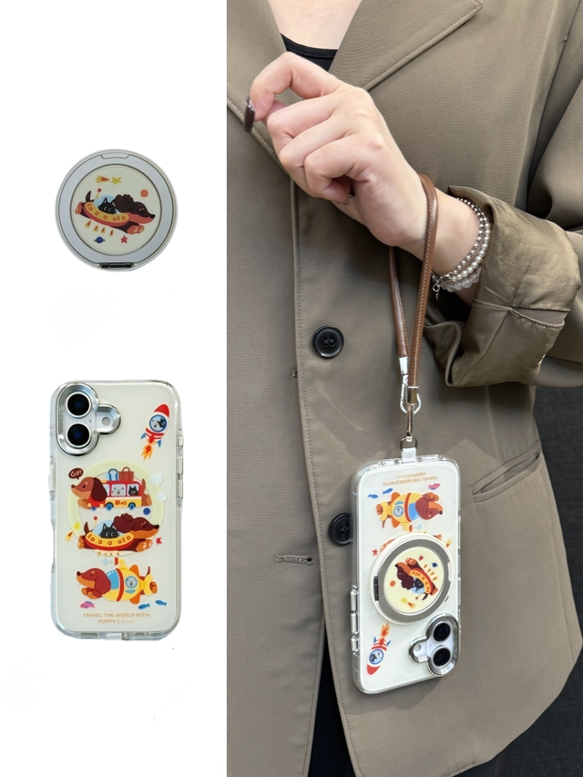 Space Adventure Dachshund Phone Case with Magnetic Stand and Leather Strap