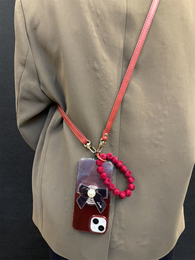 Vintage Red Gradient Phone Case with Pearl Bow Stand and Velvet Bead Bracelet