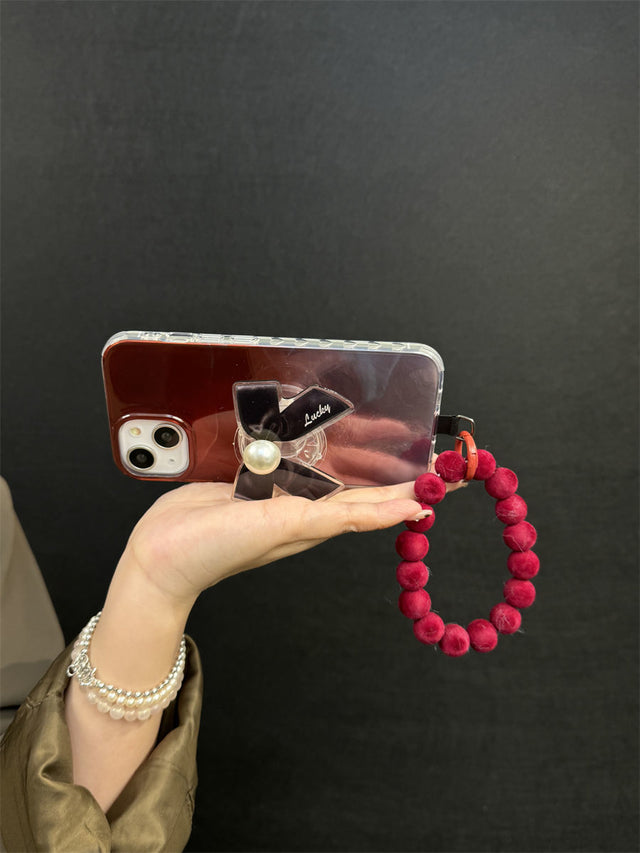 Vintage Red Gradient Phone Case with Pearl Bow Stand and Velvet Bead Bracelet