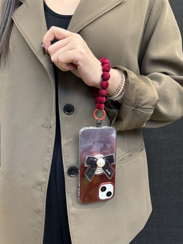 Vintage Red Gradient Phone Case with Pearl Bow Stand and Velvet Bead Bracelet