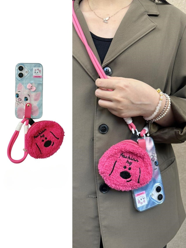 Korean-Style Marie Cat Phone Case with Pink Plush Pouch and Crossbody Strap