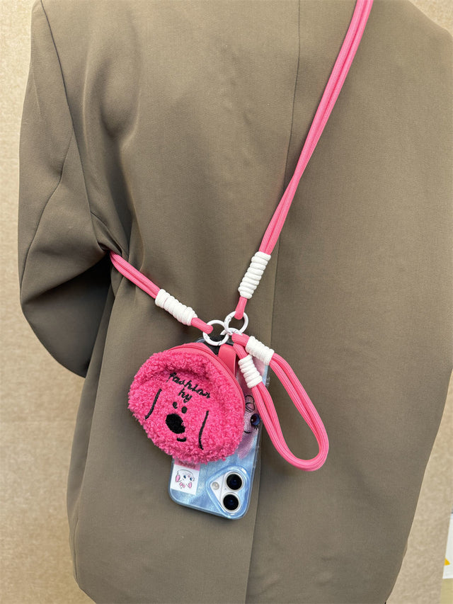 Korean-Style Marie Cat Phone Case with Pink Plush Pouch and Crossbody Strap