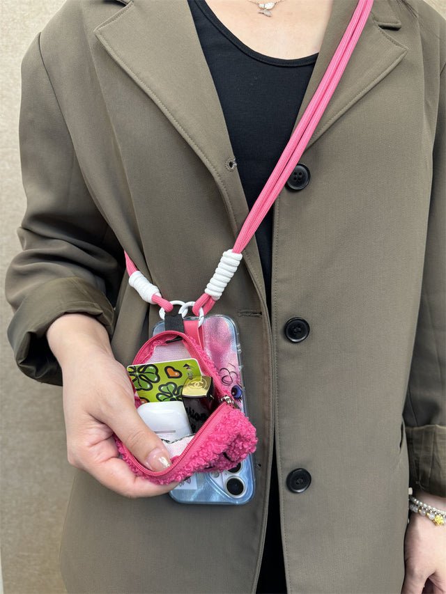 Korean-Style Marie Cat Phone Case with Pink Plush Pouch and Crossbody Strap