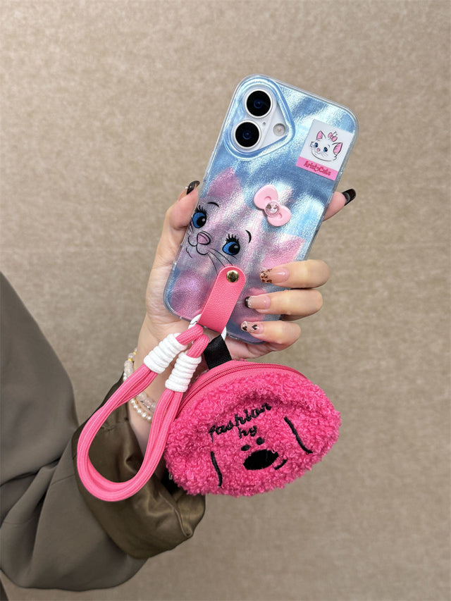 Korean-Style Marie Cat Phone Case with Pink Plush Pouch and Crossbody Strap