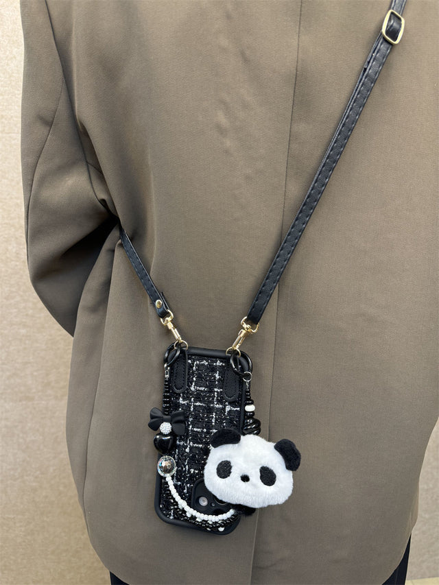 Chic Black Tweed Phone Case with Panda Plush Charm and Leather Crossbody Strap