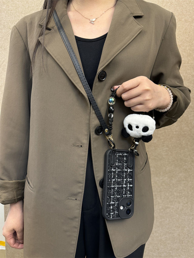 Chic Black Tweed Phone Case with Panda Plush Charm and Leather Crossbody Strap