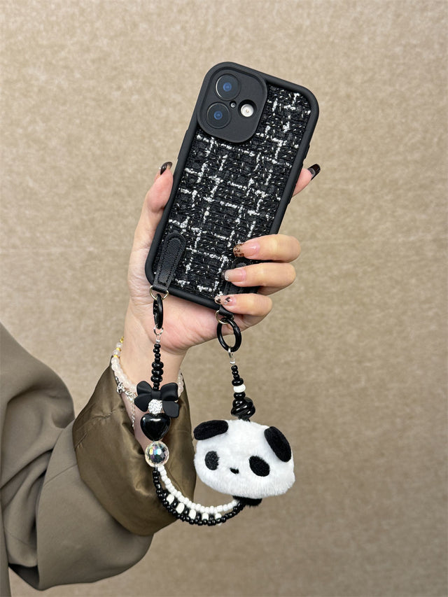 Chic Black Tweed Phone Case with Panda Plush Charm and Leather Crossbody Strap