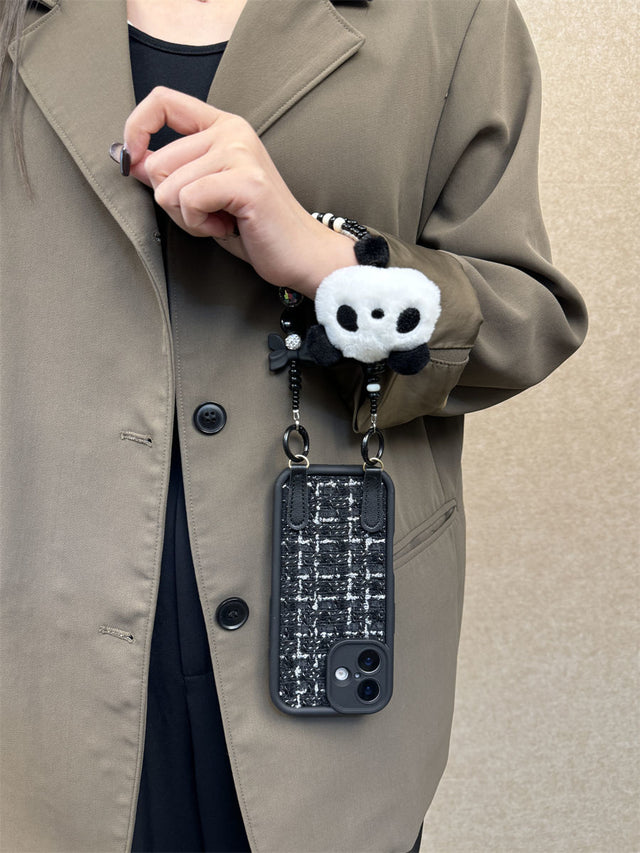 Chic Black Tweed Phone Case with Panda Plush Charm and Leather Crossbody Strap